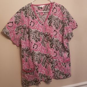 2XL pink & black print scrub top